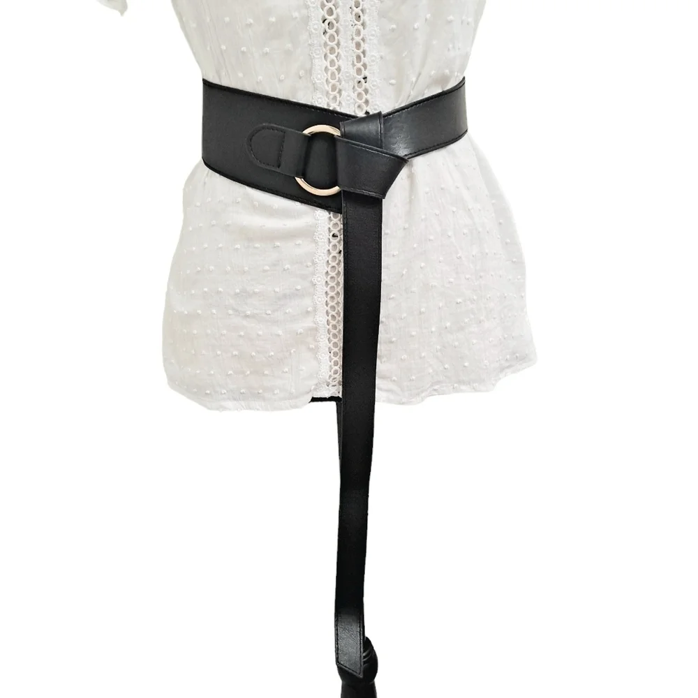 Black Wide Waist Belt with Gold Ring Accent